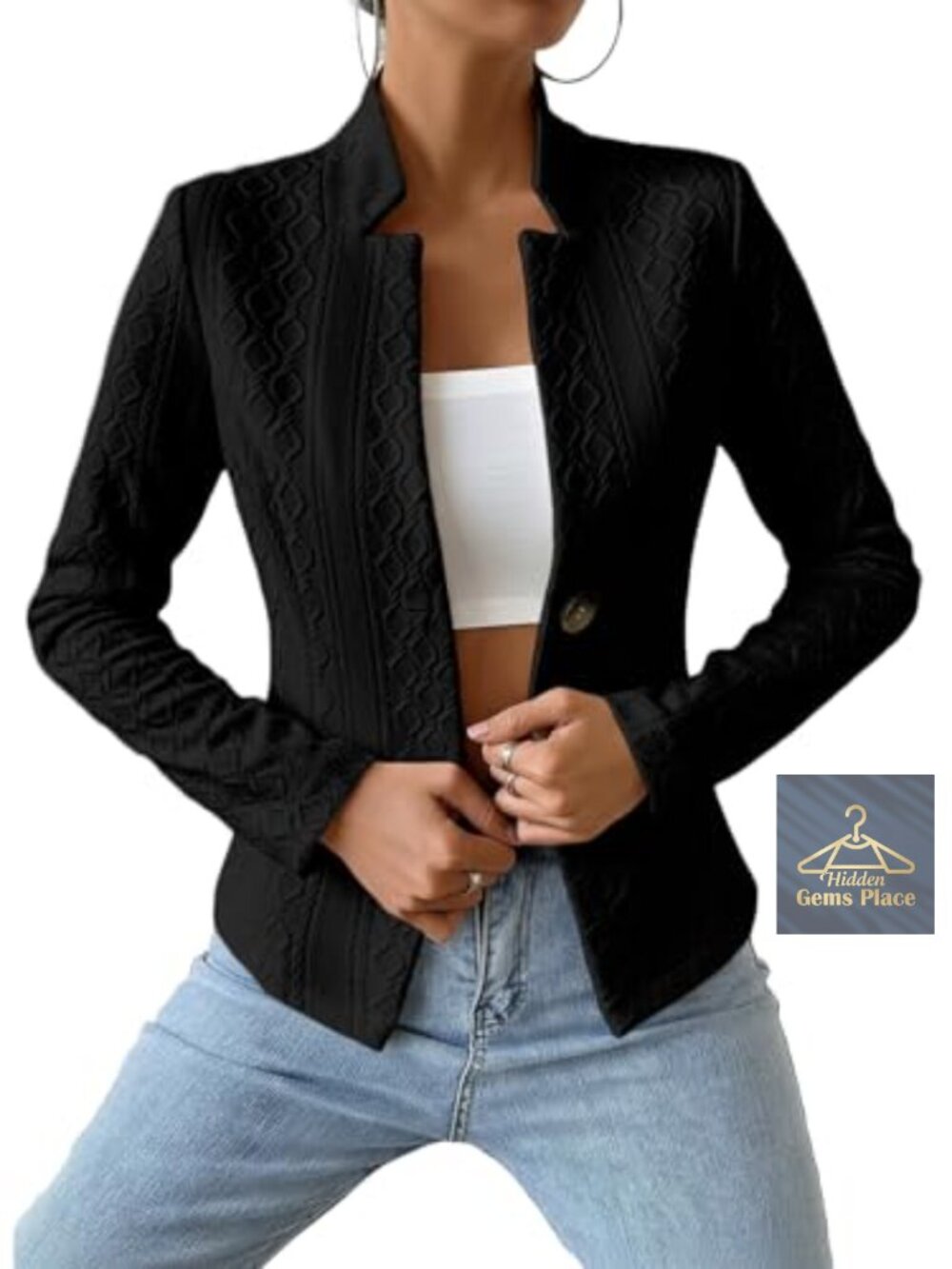 Womens Jacquard Knit Blazer Jacket Slim Fit Office Work Coat - Picture 5 of 7